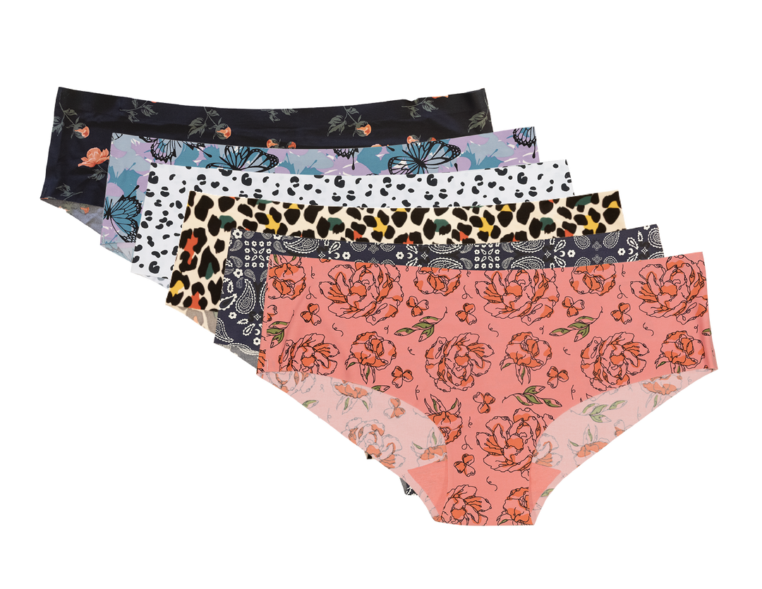 A set of six women's hipster panties with various floral and animal prints.