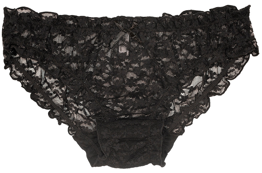 Black lace bikini with ruffles at the waist and leg, viewed from the front.