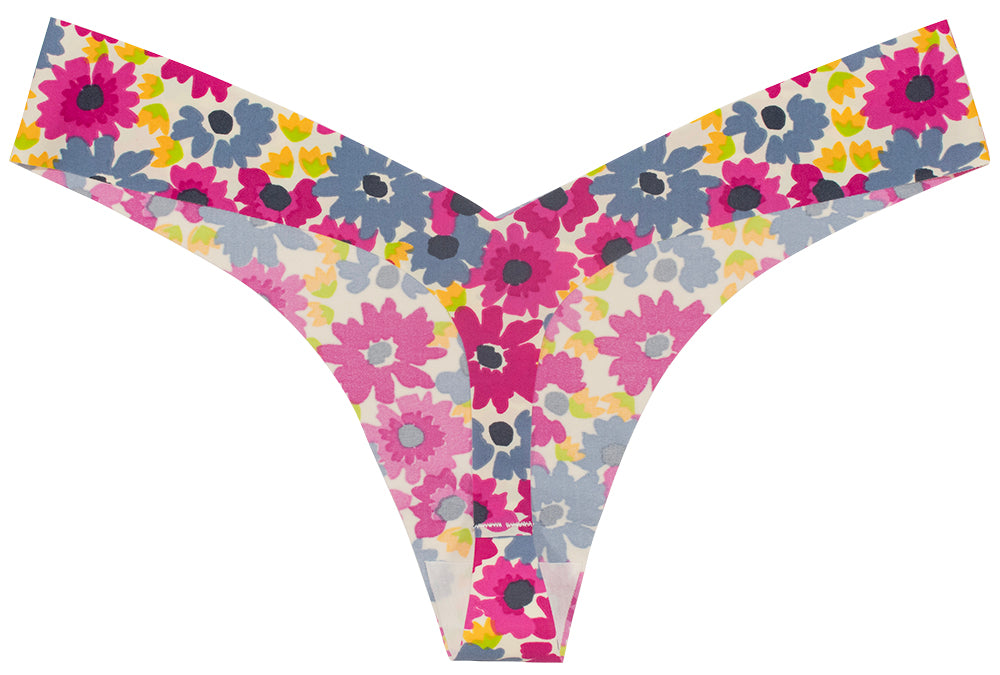 V Front Laser Cut No Show Thong in Pink Floral