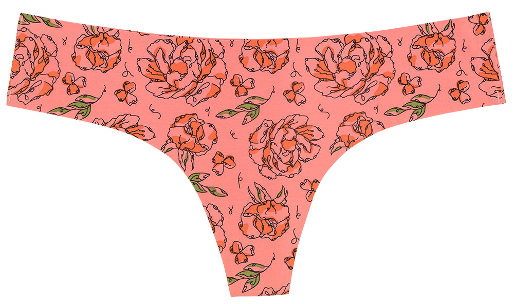 Pink Sketch Floral No Show Laser Cut Thong