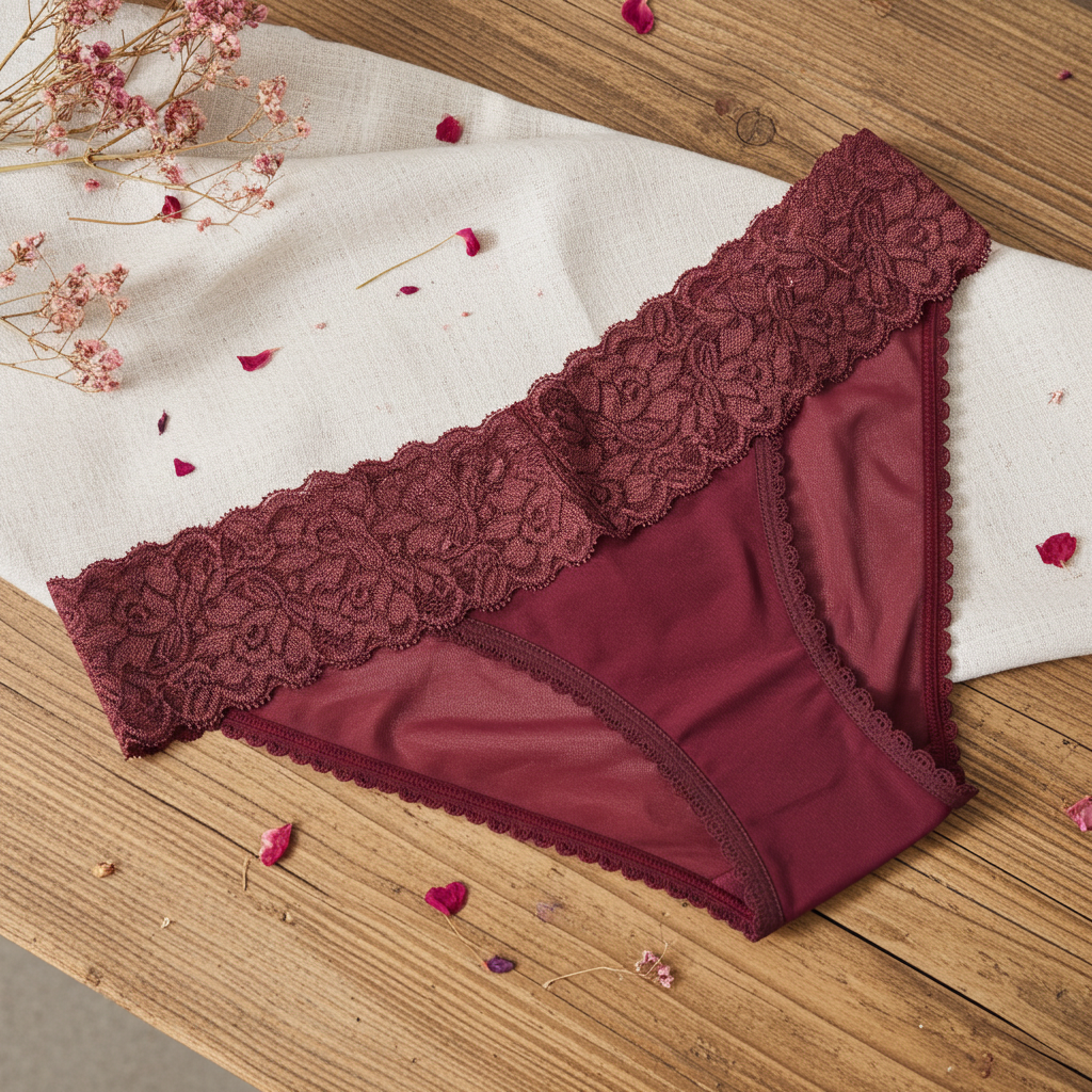 Burgundy bikini underwear on a table 
