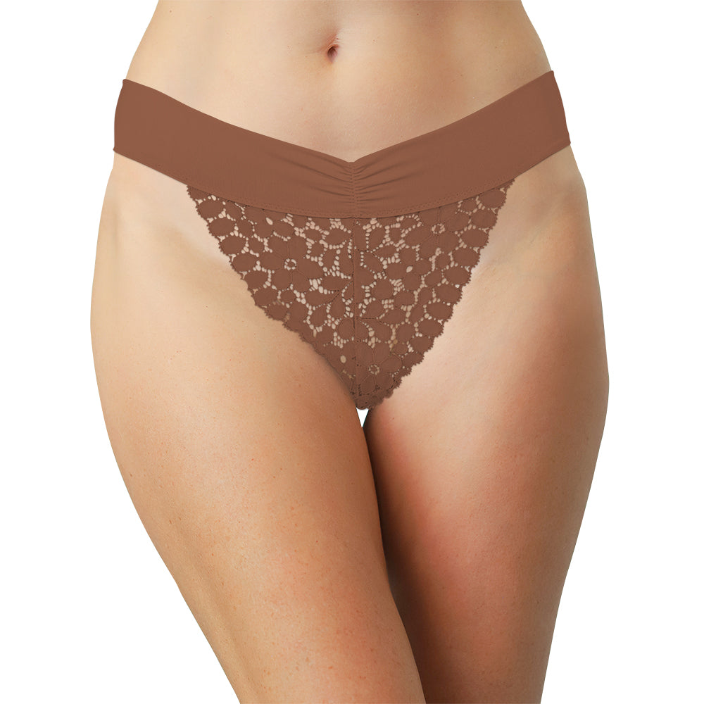 Lace Thong with Ruched Microfiber Waistband