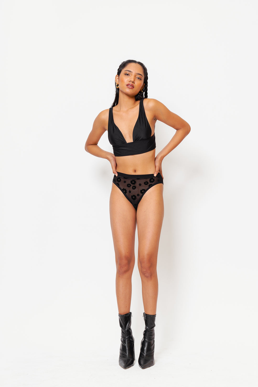 Black Daisy Flocked Mesh High Waist Bikini