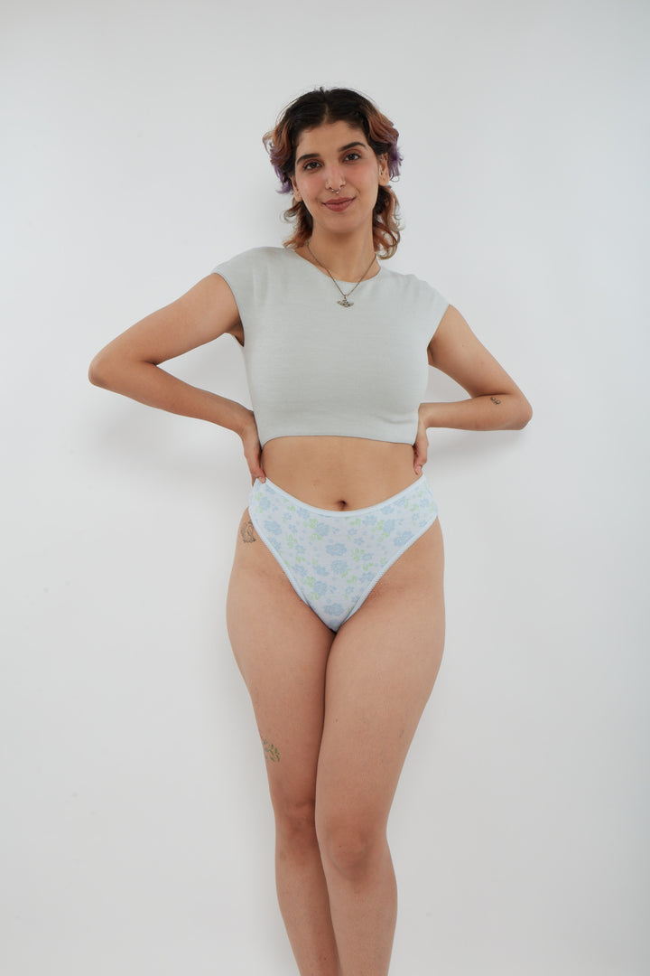 Printed Cotton High Waist Bikini with Picot Trim