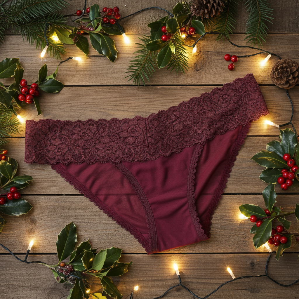 Maroon lace underwear on a wooden surface with Christmas decorations.