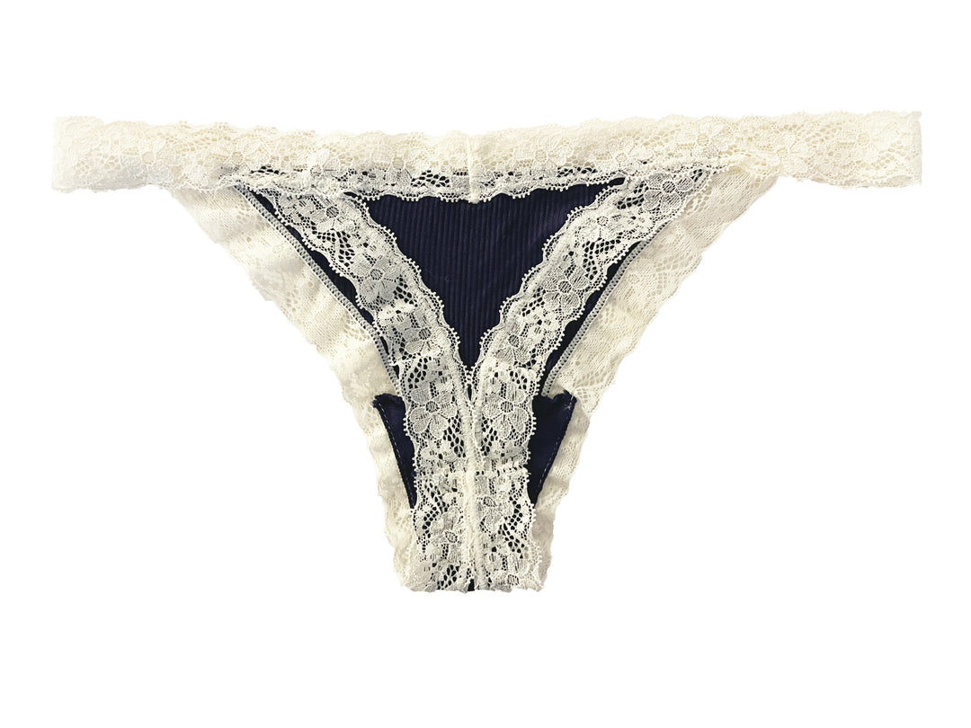 Rib Modal Thong With Contrast Lace, XS- 2X