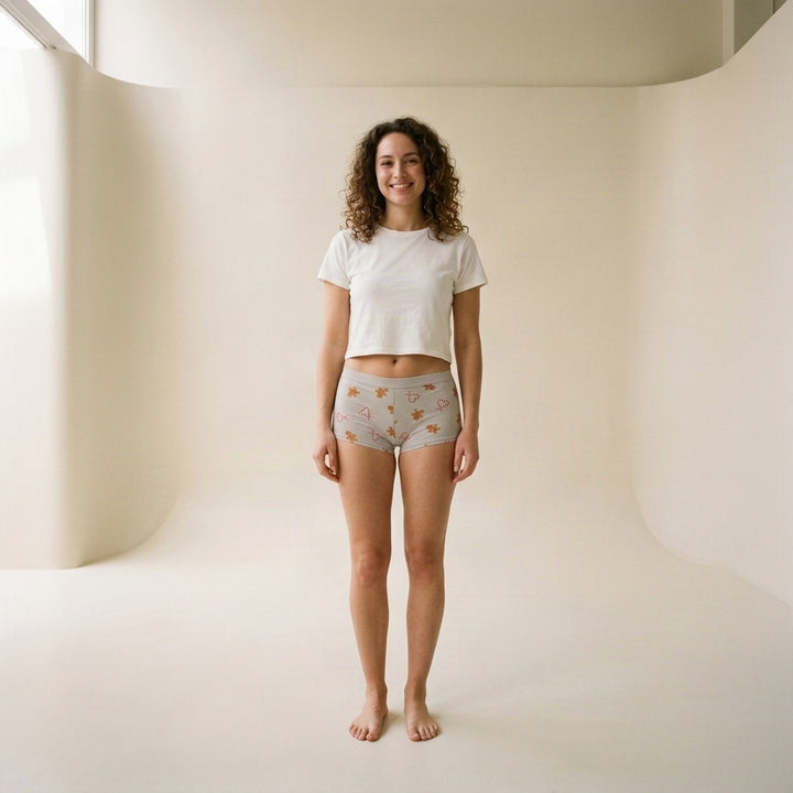 Model wearing Love Libby Holiday Treats gingerbread cotton boyshort