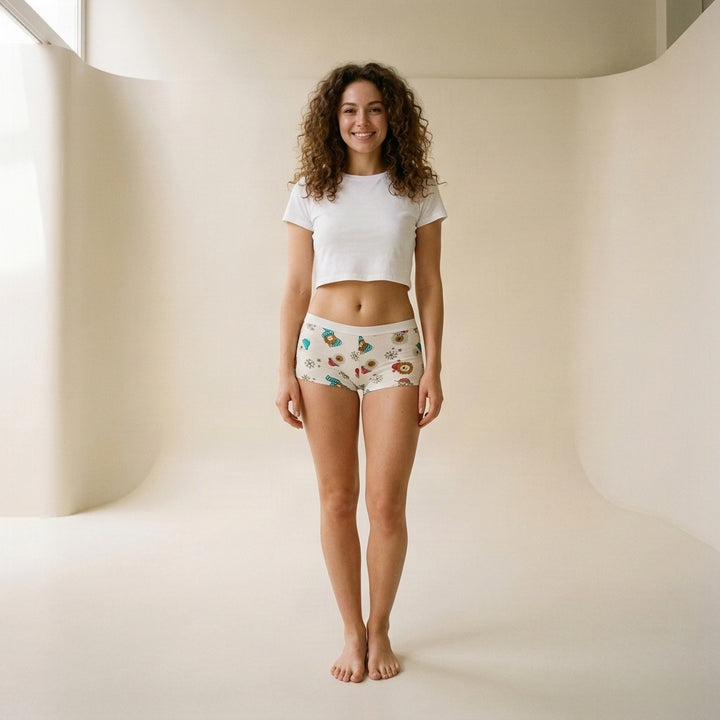 Model wearing Love Libby Snow Bears holiday cotton boyshort panties