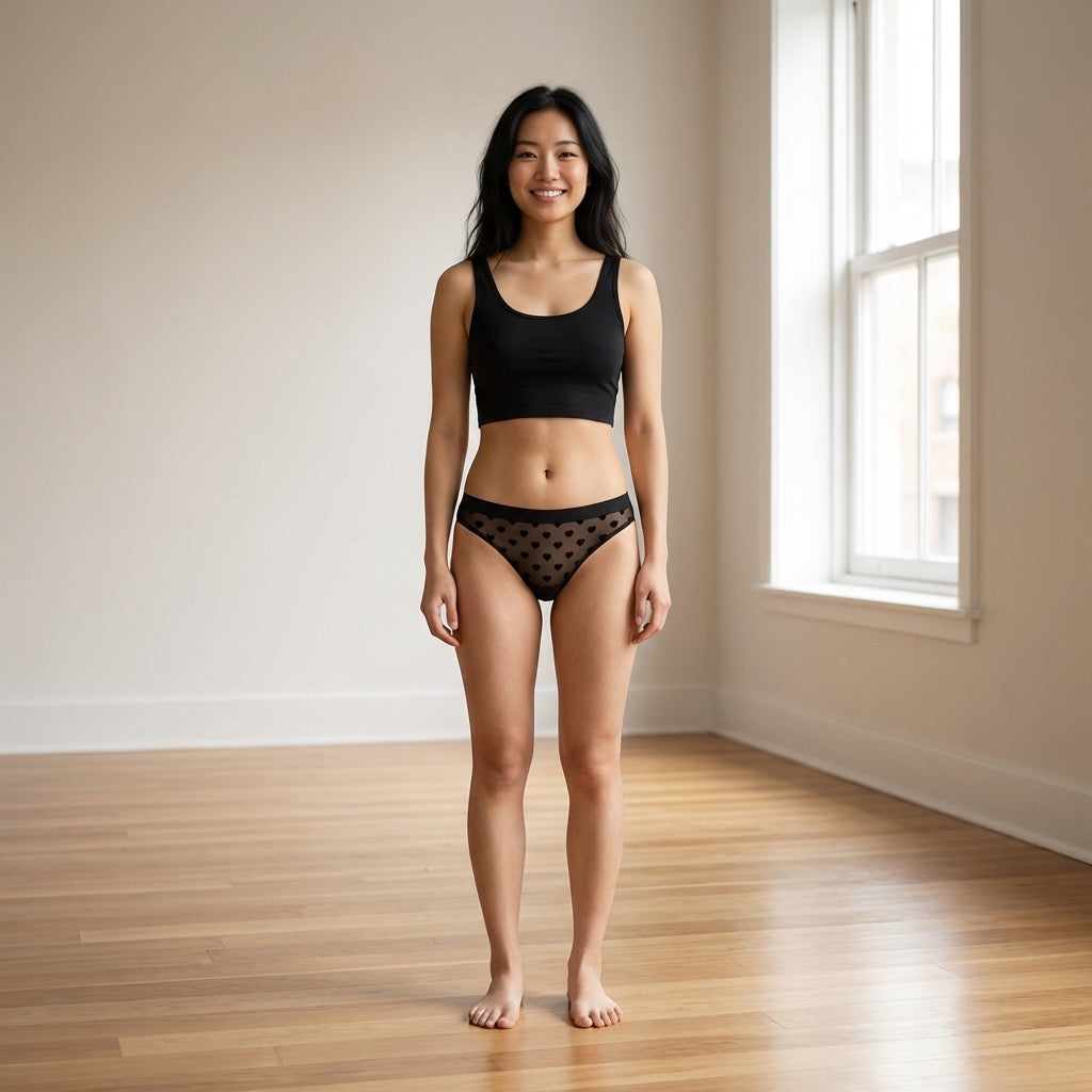 Love Libby Heart Mesh Cheeky with Elastic Waist in Black – model view