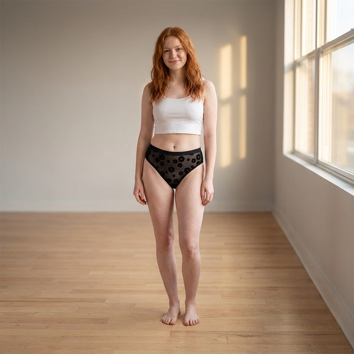 Black Daisy Flocked Mesh High Waist Bikini