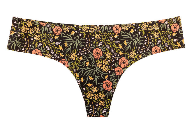 Black and Floral No Show Laser Cut Thong