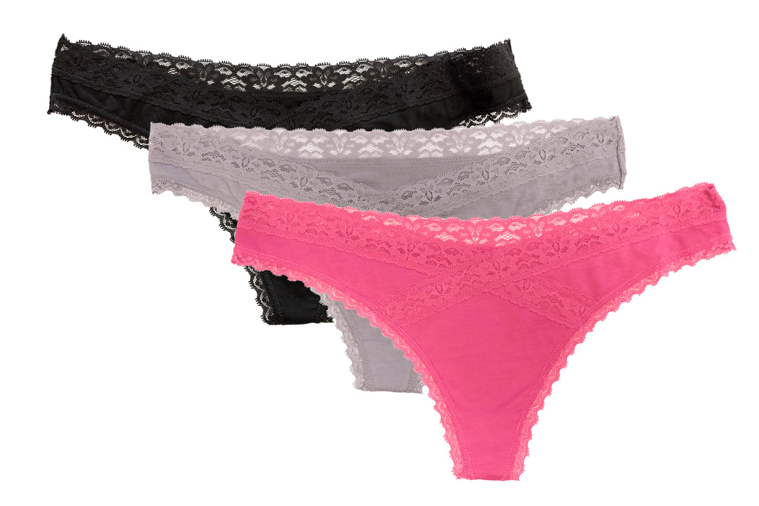 V-Front Modal Thong with Lace 3 Pack