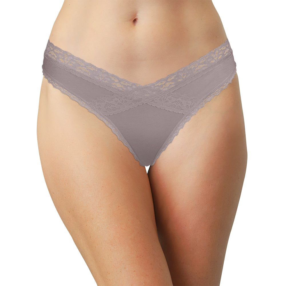 Modal Thong with Crossed Lace Trim in Minimal Gray, front view – Love Libby
