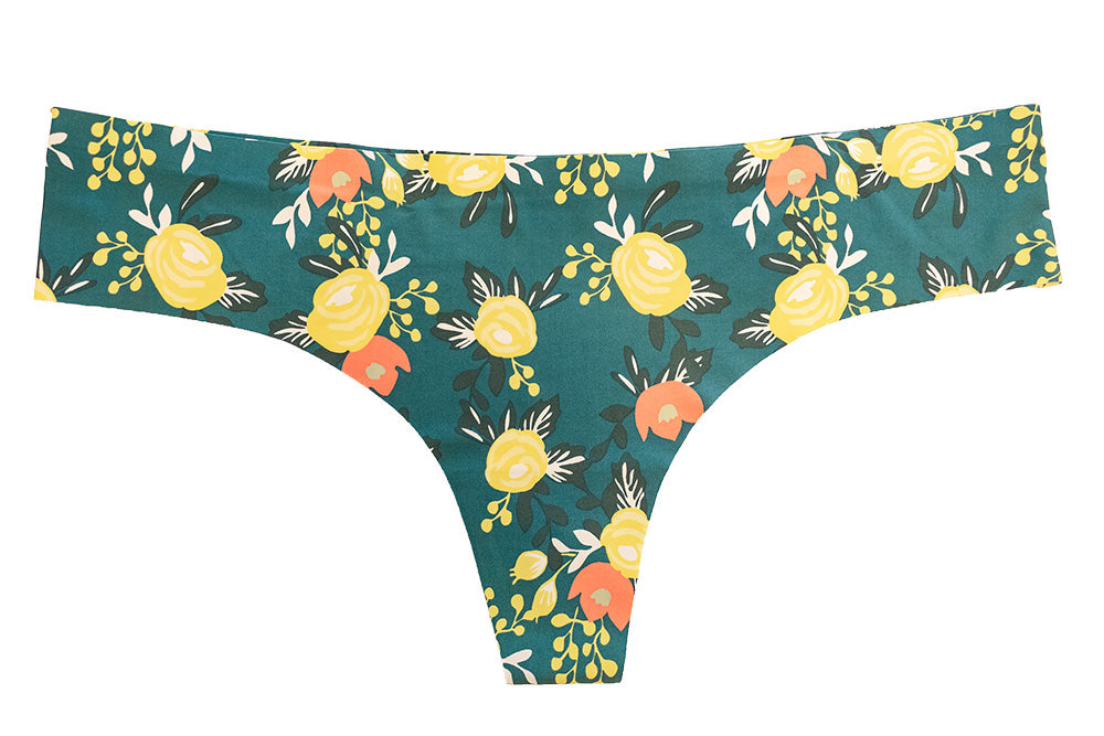 Green and Yellow Floral Laser Cut No Show Thong